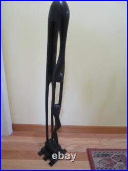 Vintage Wood Folk Art Carved Mother & Child Sculpture statue brass base 41 T