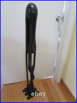 Vintage Wood Folk Art Carved Mother & Child Sculpture statue brass base 41 T