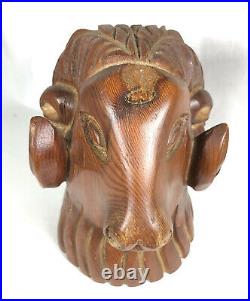 Vintage Wood Folk Art Carving Mountain Goat Ram Hand Carved Wooden Sculpture