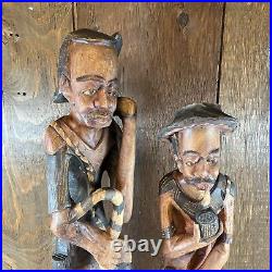 Vintage Wood Hand Carved African Man Smoking Pipe With Canes Large Sculptures