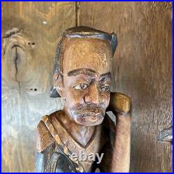 Vintage Wood Hand Carved African Man Smoking Pipe With Canes Large Sculptures