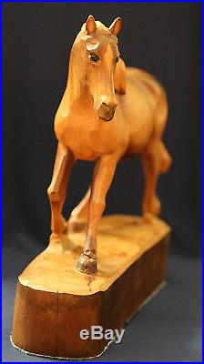 Vintage Wood Hand Carved Solid Sculpture of a Standing Horse Figurine