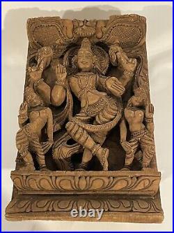 Vintage Wood Hindu Sculpture Panel Hand Carved Deity Religious Moteif