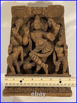 Vintage Wood Hindu Sculpture Panel Hand Carved Deity Religious Moteif