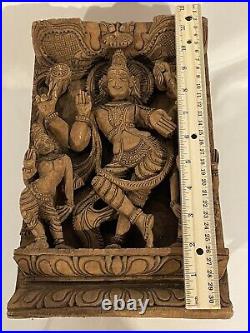 Vintage Wood Hindu Sculpture Panel Hand Carved Deity Religious Moteif