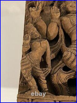 Vintage Wood Hindu Sculpture Panel Hand Carved Deity Religious Moteif