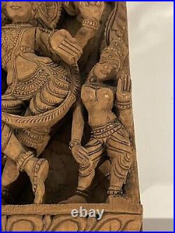 Vintage Wood Hindu Sculpture Panel Hand Carved Deity Religious Moteif