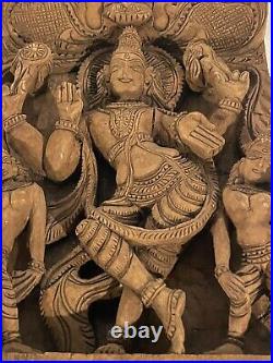 Vintage Wood Hindu Sculpture Panel Hand Carved Deity Religious Moteif