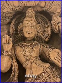 Vintage Wood Hindu Sculpture Panel Hand Carved Deity Religious Moteif