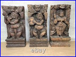 Vintage Wood Hindu Sculpture Panels Hand Carved Shiva Deity Religious Moteif