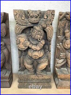 Vintage Wood Hindu Sculpture Panels Hand Carved Shiva Deity Religious Moteif