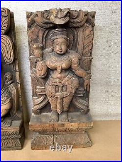 Vintage Wood Hindu Sculpture Panels Hand Carved Shiva Deity Religious Moteif