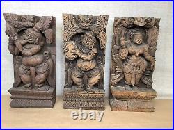 Vintage Wood Hindu Sculpture Panels Hand Carved Shiva Deity Religious Moteif