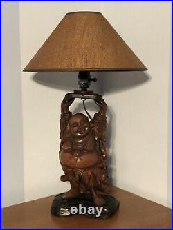 Vintage Wood Laughing Buddha Sculpture Lamp Hand Carved With Hemp Shade NICE