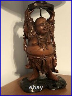 Vintage Wood Laughing Buddha Sculpture Lamp Hand Carved With Hemp Shade NICE