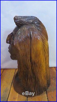 Vintage Wood Native American Indian Bust Sculpture 19 Solid Walnut Hand Carved