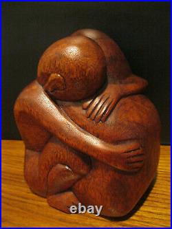 Vintage Wood Sculpture Abstract Man and Woman Hugging