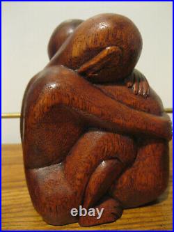 Vintage Wood Sculpture Abstract Man and Woman Hugging