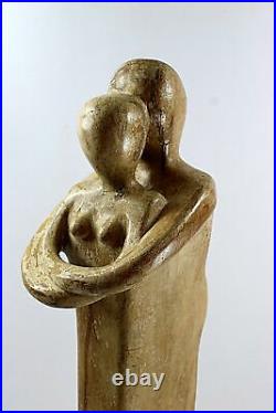 Vintage Wood Sculpture, Embracing Couple 1998 Modernist Design