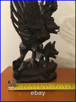 Vintage Wood Sculpture Figurine Vishnu Riding Garuda, Serpent, Bali, 17, Nice