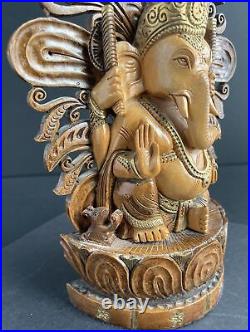 Vintage Wood Sculpture Hand Carved Ganesh Lord Ganesha God Of Prosperity Rare