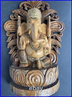 Vintage Wood Sculpture Hand Carved Ganesh Lord Ganesha God Of Prosperity Rare