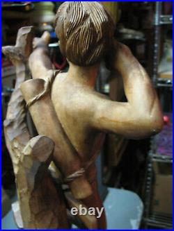 Vintage Wood Sculpture South America Indian Archer With Pet Monkey 22'
