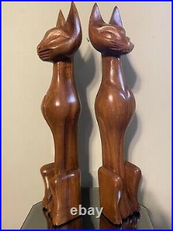 Vintage Wood Siamese Cat Sculpture Mid Century Modern Hand Carved MCM 20 Pair