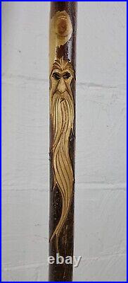 Vintage Wood Spirit Wizard Walking Stick Carving Hiking Staff Refinished