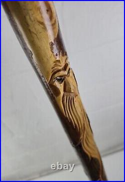 Vintage Wood Spirit Wizard Walking Stick Carving Hiking Staff Refinished