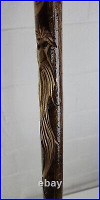 Vintage Wood Spirit Wizard Walking Stick Carving Hiking Staff Refinished