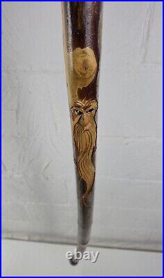 Vintage Wood Spirit Wizard Walking Stick Carving Hiking Staff Refinished