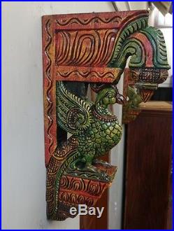 Vintage Wooden Bracket Corbel Pair painted Parrot Peacock Bird Sculpture Statue