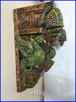 Vintage Wooden Bracket Corbel Pair painted Parrot Peacock Bird Sculpture Statue