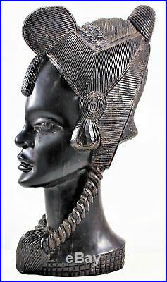 Vintage Wooden Hand Carved African Woman Bust Sculpture from Ebony/Ironwood 17