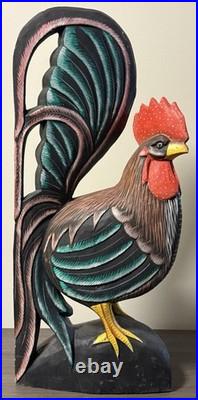 Vintage Wooden Hand Painted Carved Rooster Figure Statue Sculpture 24 Tall