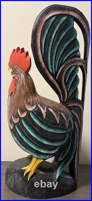 Vintage Wooden Hand Painted Carved Rooster Figure Statue Sculpture 24 Tall