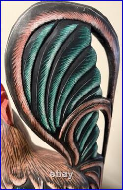 Vintage Wooden Hand Painted Carved Rooster Figure Statue Sculpture 24 Tall