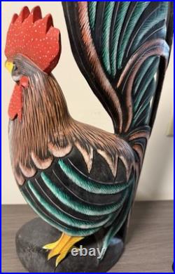 Vintage Wooden Hand Painted Carved Rooster Figure Statue Sculpture 24 Tall