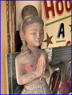 Vintage Wooden Large Carving Of An Asian Lady 3ft Tall Teak Wood