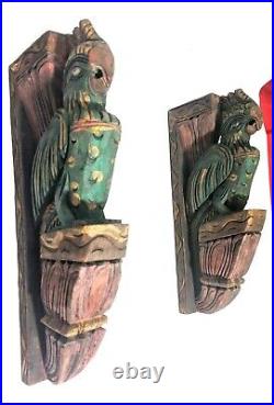 Vintage Wooden Peacock Pair Corbel Bracket Sculpture Shelf Decor Rare Wall Art