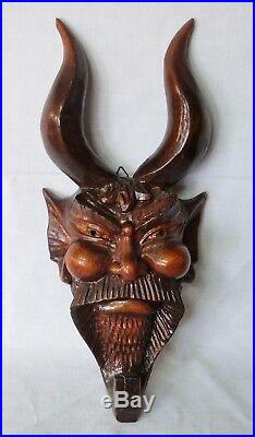 Vintage Wooden Sculpture Devil head satanic wall hanged figurine statue pagan