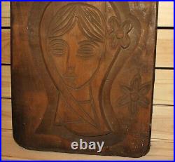 Vintage abstract hand carving wood wall hanging plaque girl portrait
