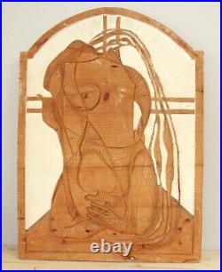Vintage abstract surrealist nude hand carving wood wall hanging plaque