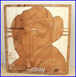 Vintage abstract surrealist portrait hand carving wood wall hanging plaque