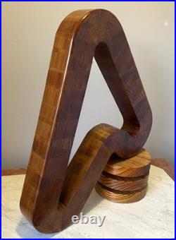Vintage abstract wooden sculpture Bent Trianglesigned by Reid dated 1976