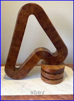 Vintage abstract wooden sculpture Bent Trianglesigned by Reid dated 1976