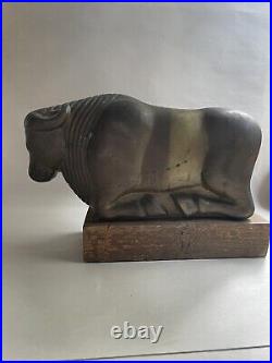 Vintage bull Taurus brass or bronze heavy patina verdigris wood base sculpture