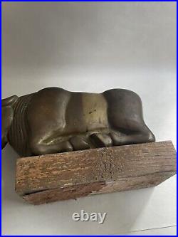 Vintage bull Taurus brass or bronze heavy patina verdigris wood base sculpture