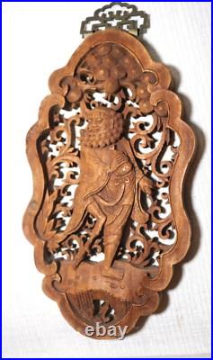 Vintage carved wood Balinese figural wall relief reticulated sculpture plaque
